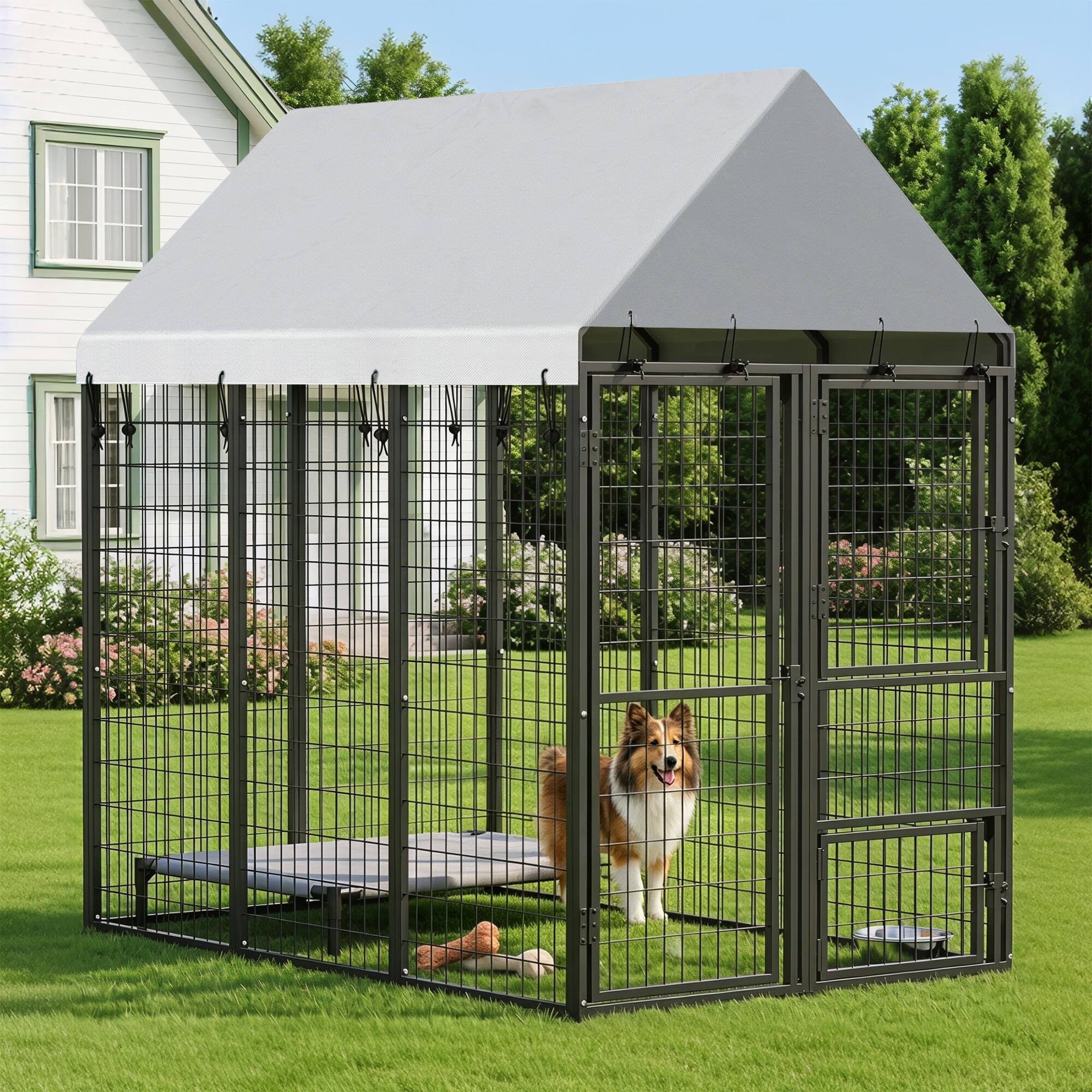 Alt View 8. Pawhut - Dog Kennel Outdoor with Roof, 3 Doors, Expandable Heavy Duty Dog Kennel Dog Run for All Breed Sizes - Black.