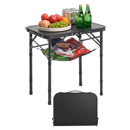 Glintex - Camping Table, Adjustable Height Folding Camping Desk with Mesh Layer, Portable Lightweight for BBQ & Picnic - Black