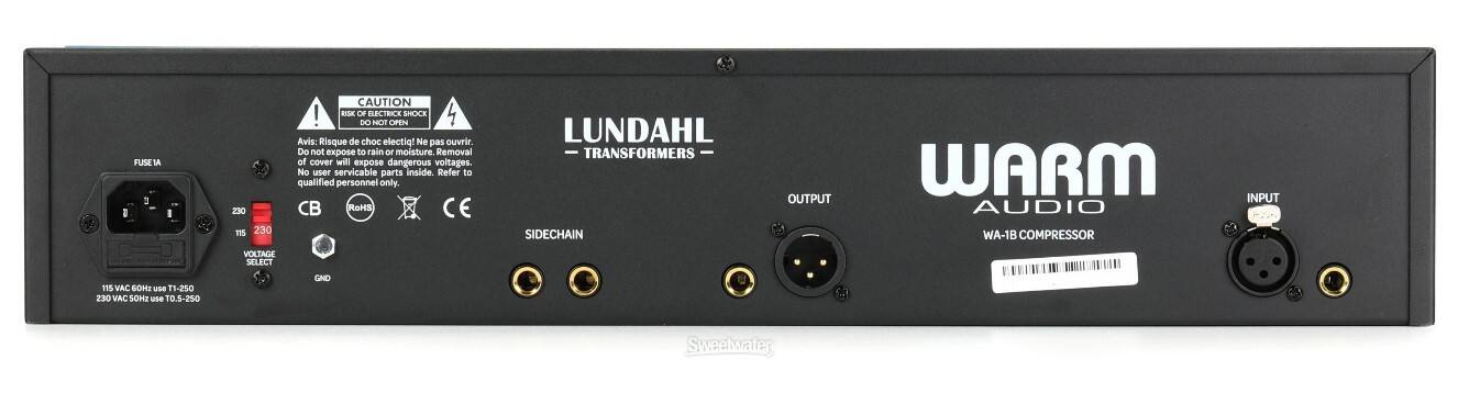 PUSH 1A 3 1 I Z30 115 230  
CAUTION! ELECTRIC SHOCK DO NOT OPEN  
Avis: Risque de choc électrique! Ne pas ouvrir.  
Do not expose to rain or moisture. Removal of cover will expose dangerous voltages. No user servicable parts inside. Refer to qualified personnel only.  
CB RoHS  
LUNDAHL TRANSFORMERS  
SIDECHAIN  
OUTPUT  
WARM AUDIO WA-1B COMPRESSOR  
INPUT VOLTAGE SELECT 115 VAC 230 VAC  
T1-280 230 VAC  
SOH: -se T0.5-250  
GND