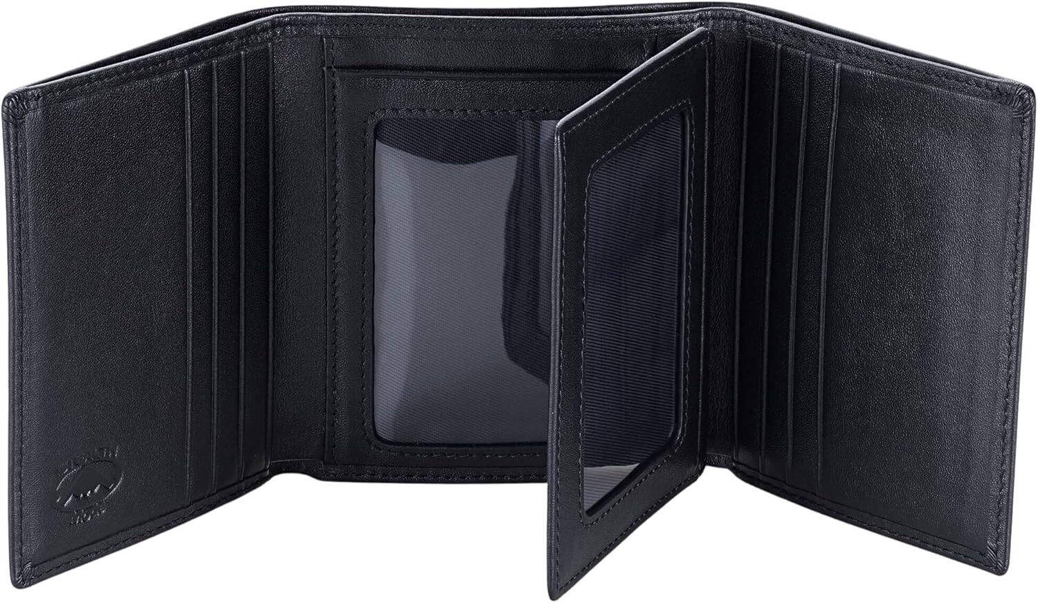 Front. Vulpecula Spade - Leather Trifold RFID Wallet For Men With Flip Out ID Holder - Black.