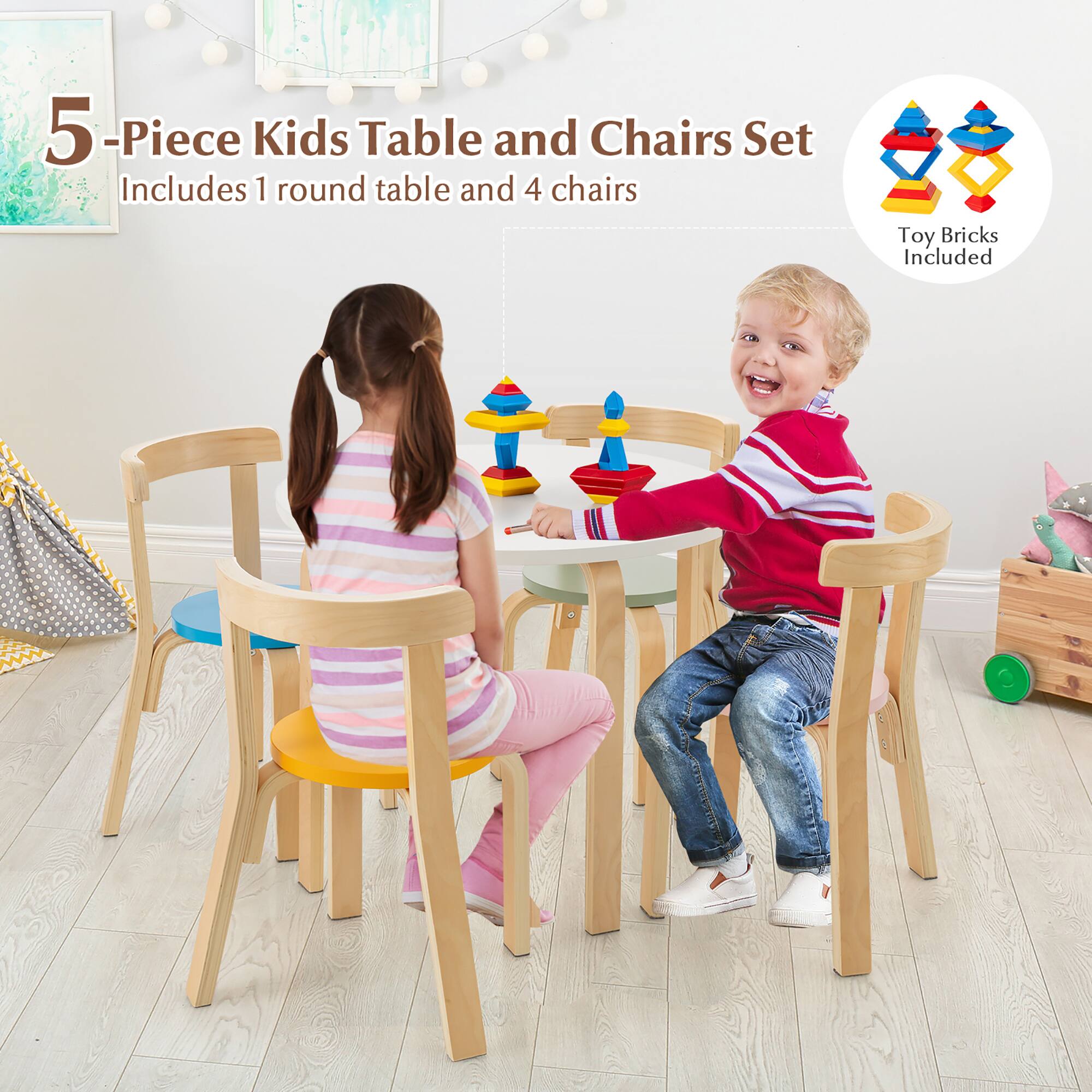 5-Piece Kids Table and Chairs Set  
Includes 1 round table and 4 chairs  
Toy Bricks Included