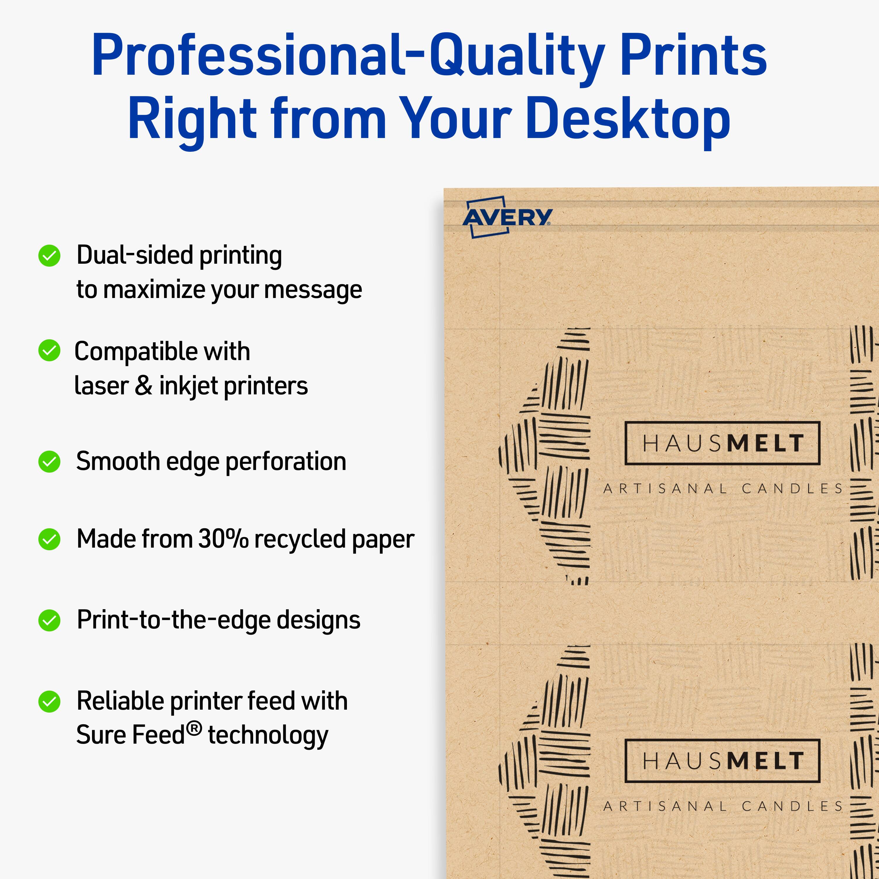 Professional-Quality Prints Right from Your Desktop

- Dual-sided printing to maximize your message
- Compatible with laser & inkjet printers
- Smooth edge perforation
- Made from 30% recycled paper
- Print-to-the-edge designs
- Reliable printer feed with Sure Feed® technology

HAUSMELT ARTISANAL CANDLES