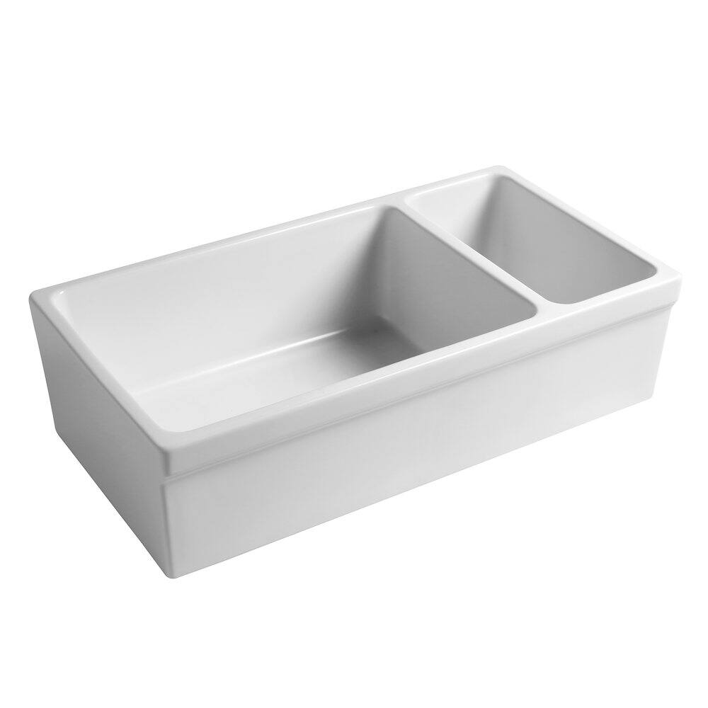Alt View 1. Whitehaus - Whitehaus Farmhaus Fireclay Quatro Alcove Large Reversible Sink and Small Bowl with Decorative 2 ½ Lip on Both Sides - White.