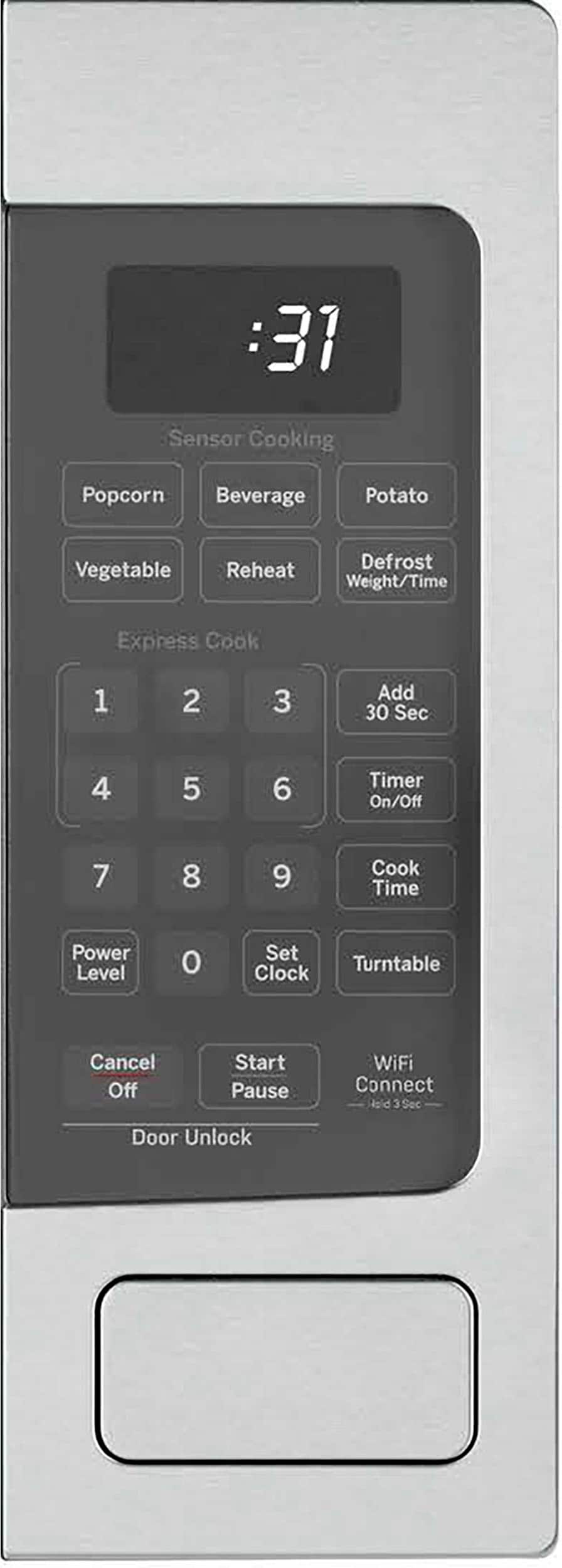 The text on the image is grouped and corrected as follows:
1. Sensor Cooking: This feature allows the microwave to automatically adjust cooking times and power levels based on the type of food being cooked.
2. Popcorn: This option is specifically designed for cooking popcorn, providing the appropriate power level and cooking time.
3. Beverage: This option is for heating up beverages, such as coffee or tea, and adjusts the power level and cooking time accordingly.
4. Potato: This option is for cooking potatoes, such as baked potatoes or mashed potatoes, and sets the appropriate power level and cooking time.
5. Vegetable: This option is for cooking various types of vegetables, adjusting the power level and cooking time to suit the specific vegetable being cooked.
6. Defrost: This option is for defrosting frozen food, setting the appropriate power level and cooking time to safely and evenly defrost the food.
7. Reheat: This option is for reheating pre-cooked food, adjusting the power level and cooking time to ensure the food is heated evenly and to the desired temperature.
8. Weight/Time Express Cook: This option allows for quick and easy cooking of food, based on the weight and cooking time entered by the user.
9. Add 30 Sec: This option adds an additional 30 seconds of cooking time to the selected option.
10. 1, 2, 3, 4, 5, 6, 7, 8, 9: These numbers correspond to the power levels available for cooking, with 1 being the lowest and 9 being the highest.
11. Cook Time: This option allows the user to set the desired cooking time for the selected option.
12. Power Level: This option allows the user to set the desired power level for the selected option.
13. Set Turntable: This option allows the user to set the turntable speed for rotating the food during cooking.
14. Clock: This option allows the user to set the clock on the microwave.
15. Cancel: This option cancels the current cooking process.
16. Off: This option turns