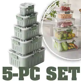 FC Design - 5PC Food Storage Box Set Airtight, Bpa-free, Stackable Container with Double Drain Basket with Air Holes - Green