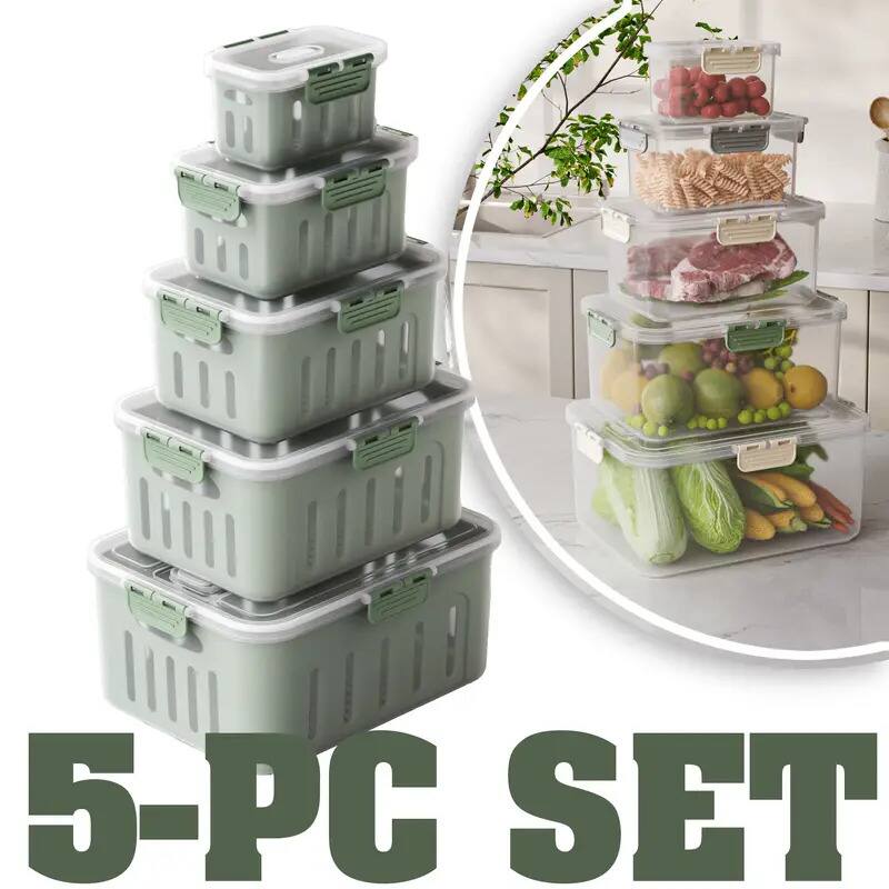 FC Design - 5PC Food Storage Box Set Airtight, Bpa-free, Stackable Container with Double Drain Basket with Air Holes - Green