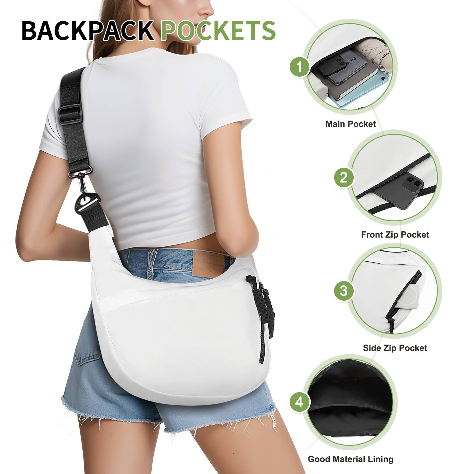 BACKPACK POCKETS

1. Main Pocket
2. Front Zip Pocket
3. Side Zip Pocket
4. Good Material Lining