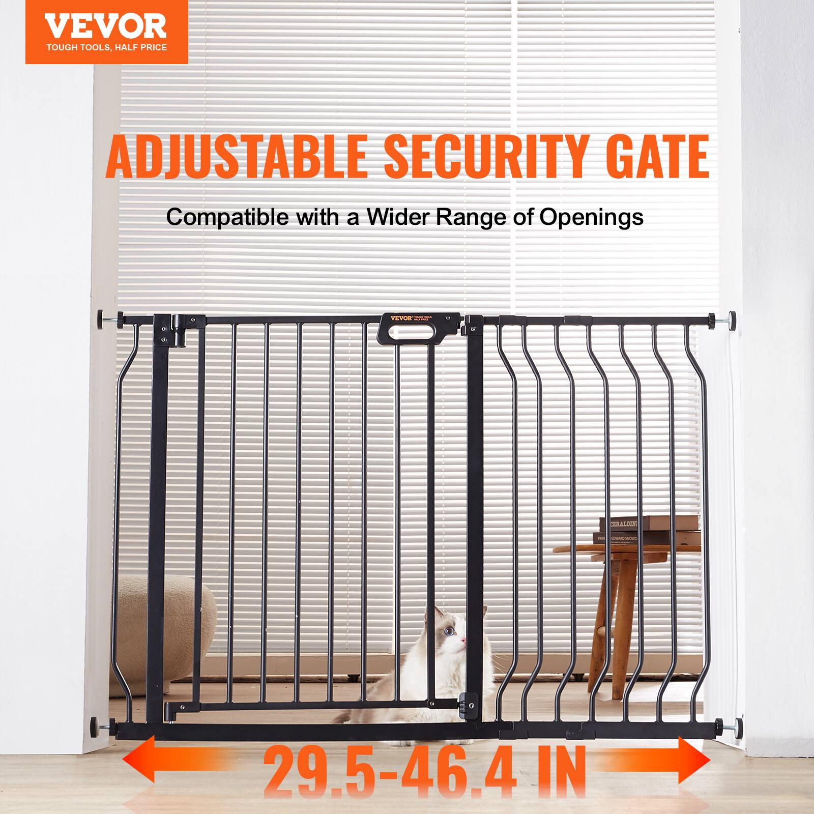 VEVOR TOUGH TOOLS, HALF PRICE ADJUSTABLE SECURITY GATE Compatible with a Wider Range of Openings: 29.5-46.4 IN