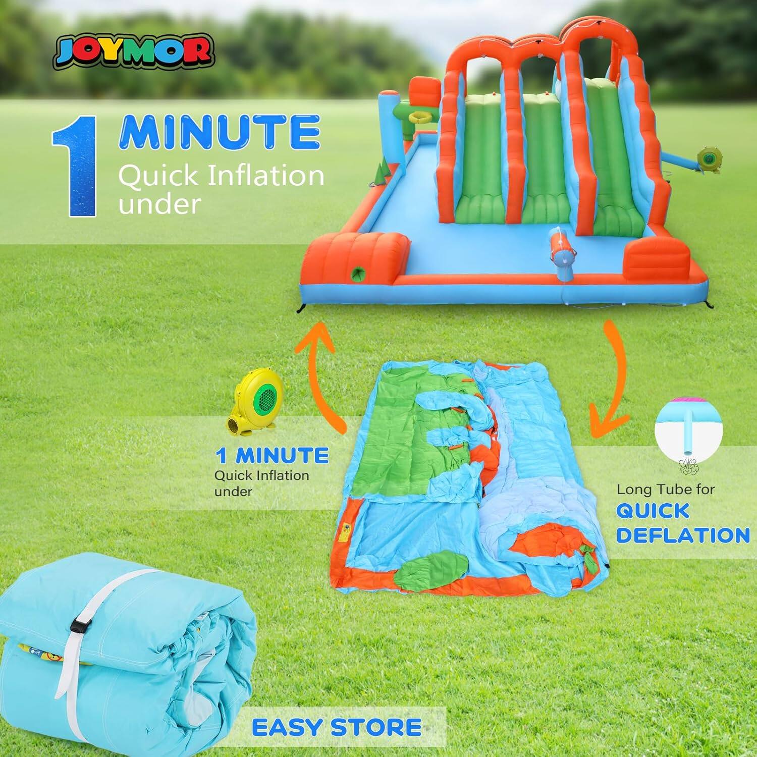 JOYMOR  
1 MINUTE  
Quick Inflation under  

1 MINUTE  
Quick Inflation under  

Long Tube for QUICK DEFLATION  

EASY STORE