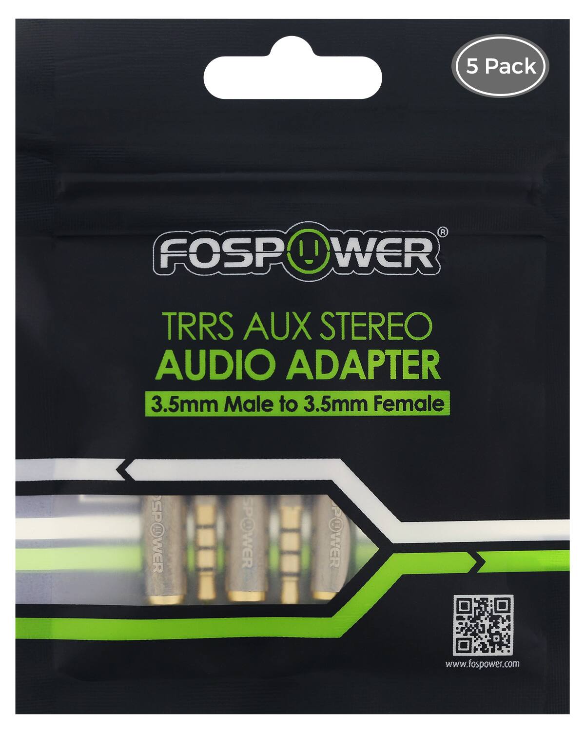 FOSPOWER, TRRS AUX STEREO AUDIO ADAPTER, 3.5mm Male to 3.5mm Female, 5 Pack, www.fospower.com