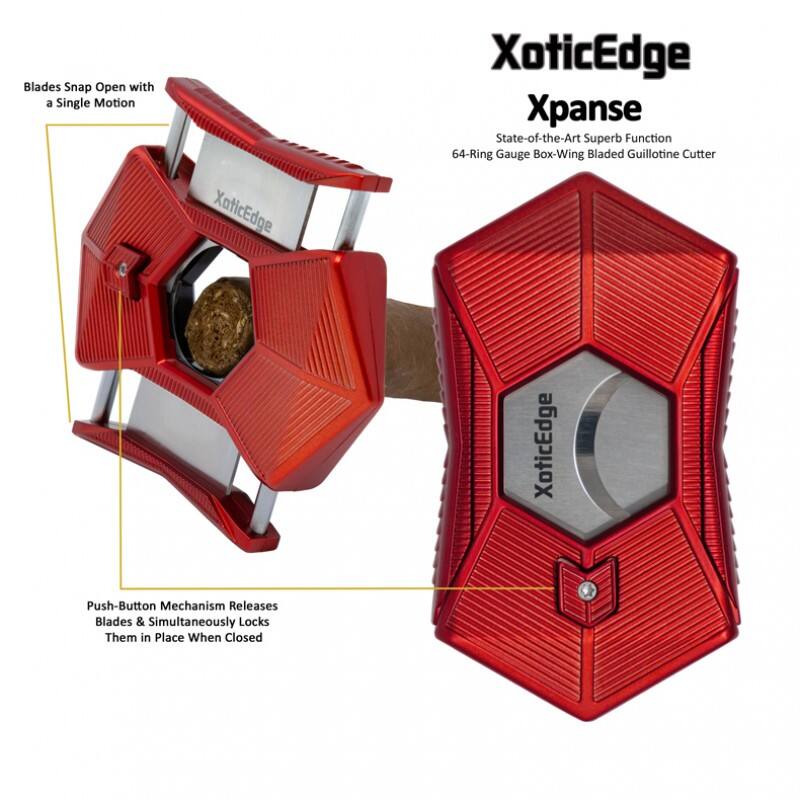 Blades Snap Open with a Single Motion  
XoticEdge XpansE  
State-of-the-Art Superb Function  
64-Ring Gauge Box-Wing Bladed Guillotine Cutter  
XoticEdge Push-Button Mechanism Releases Blades & Simultaneously Locks Them in Place When Closed