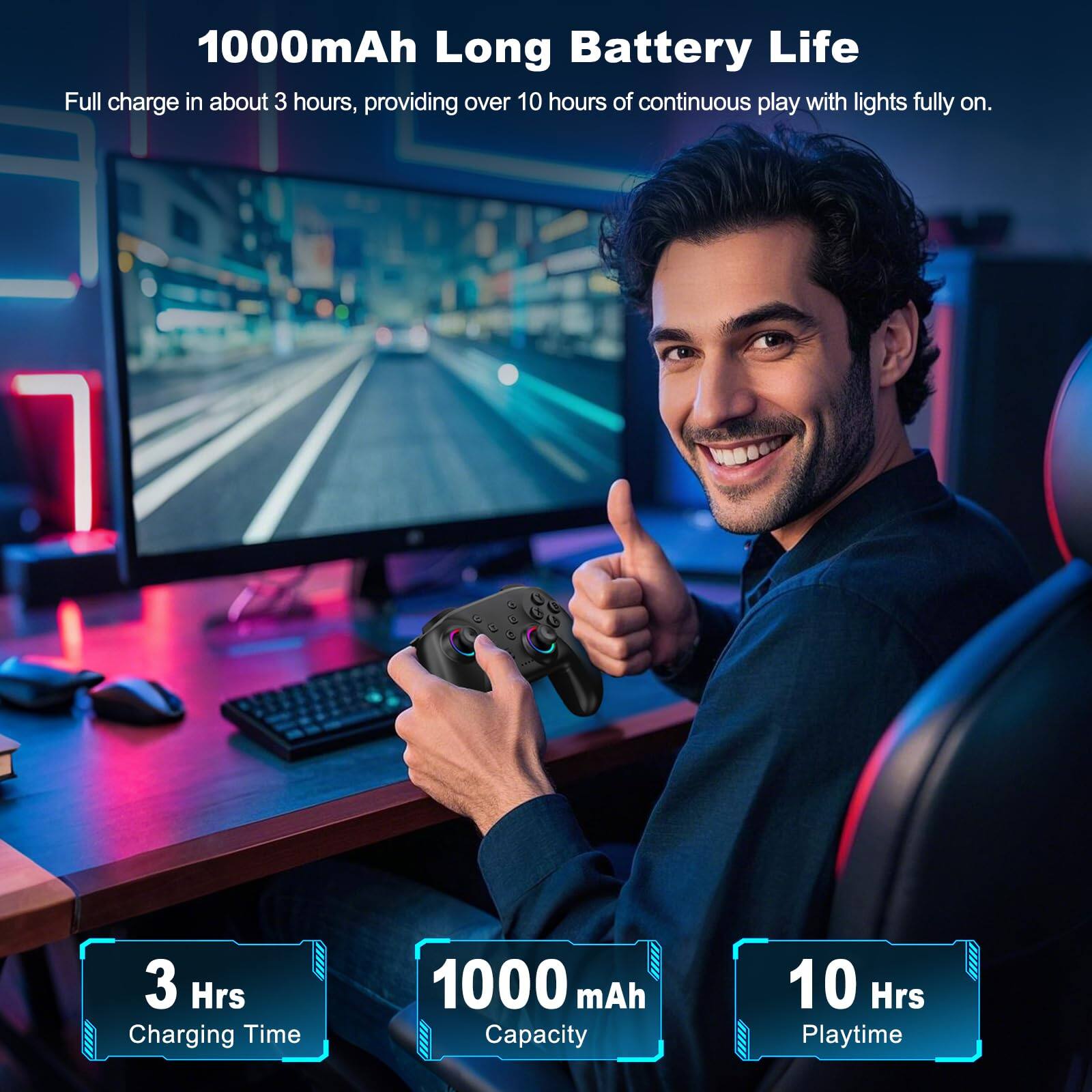 1000mAh Long Battery Life

Full charge in about 3 hours, providing over 10 hours of continuous play with lights fully on.

3 Hrs Charging Time

1000 mAh Capacity

10 Hrs Playtime