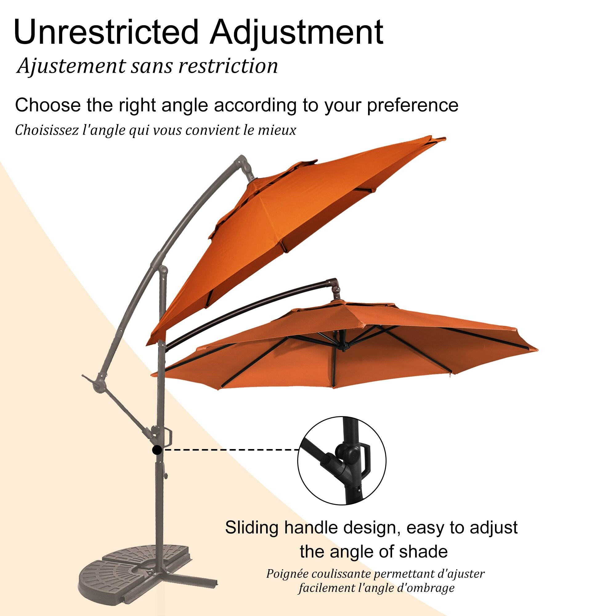 Unrestricted Adjustment  
Ajustement sans restriction  

Choose the right angle according to your preference  
Choisissez l'angle qui vous convient le mieux  

Sliding handle design, easy to adjust the angle of shade  
Poignée coulissante permettant d'ajuster facilement l'angle d'ombrage