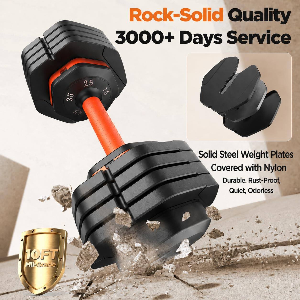 Rock-Solid Quality  
3000+ Days Service  

25 35 45 15  

Solid Steel Weight Plates Covered with Nylon  
Durable, Rust-Proof, Quiet, Odorless  

10FT Mil-Grade