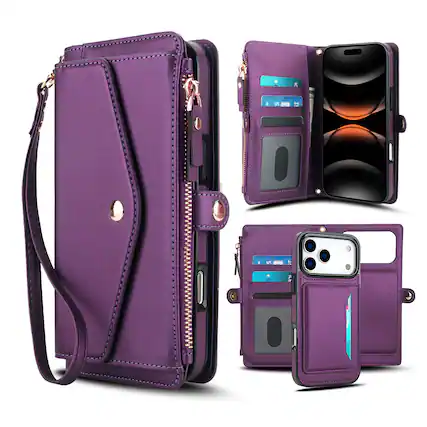 Front. Dteck - Crossbody RFID Blocking Zipper Wallet Card For iPhone 17 Pro Handbag Magnetic Kickstand Wrist Strap Case - Purple.