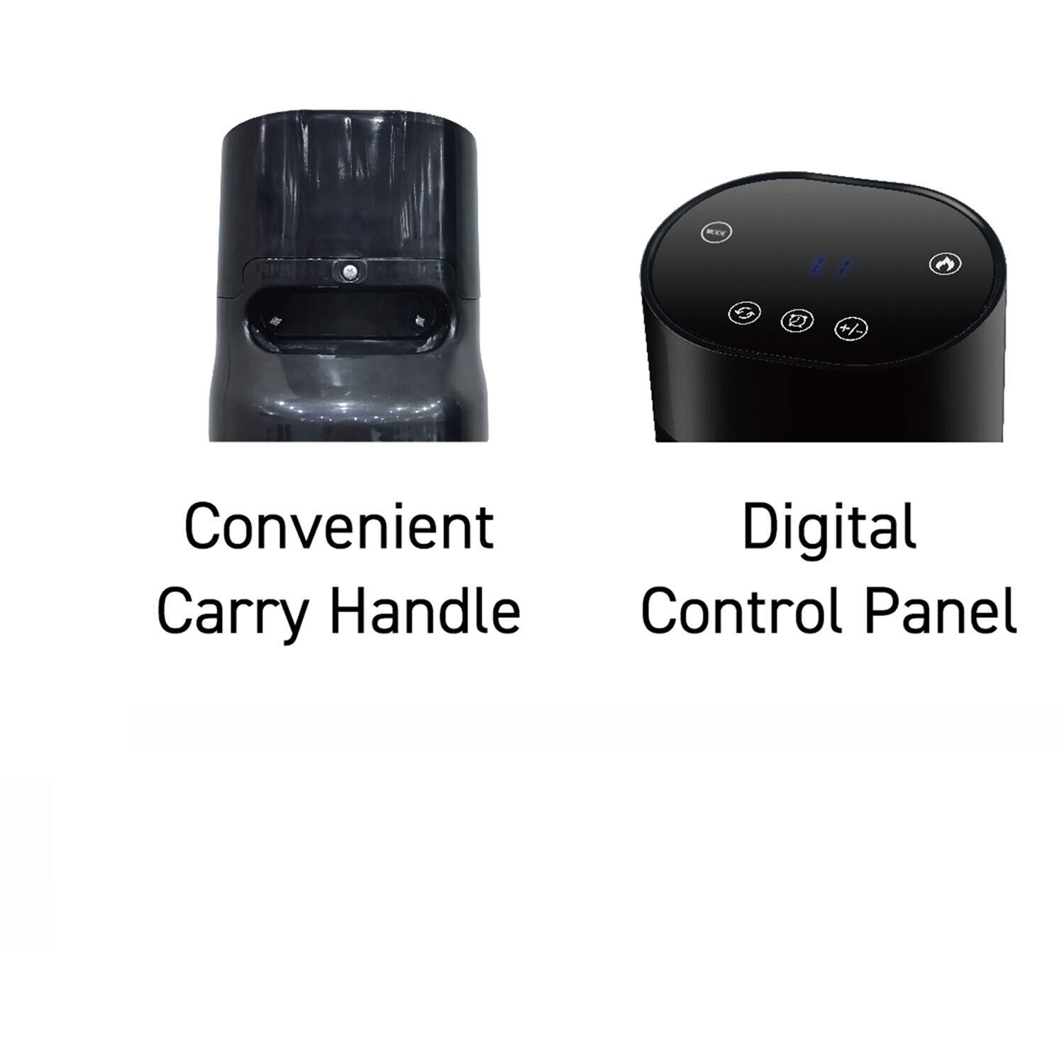 The text on the image reads "Convenient Carry Handle Control Panel."
