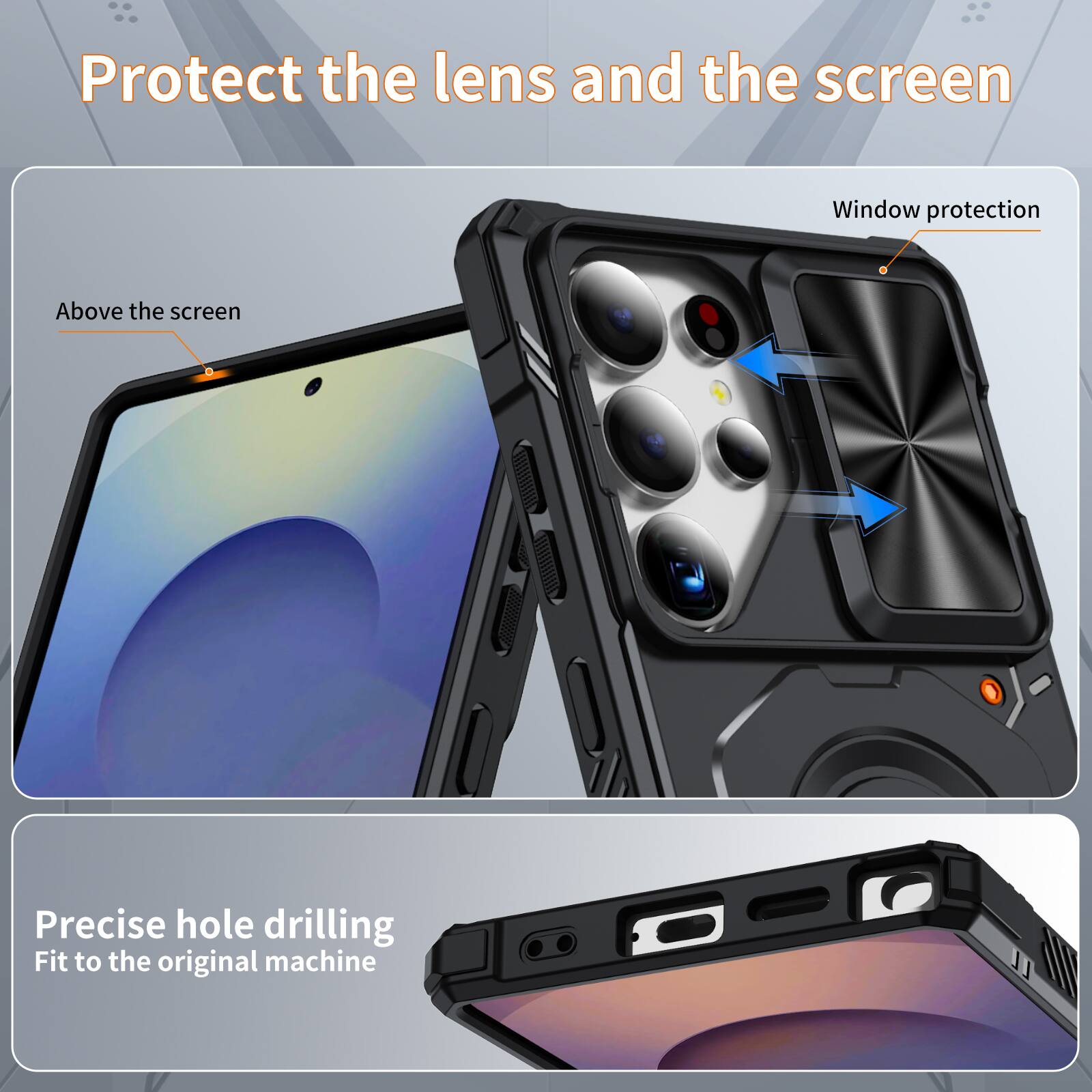 Protect the lens and the screen

Window protection

Above the screen

Precise hole drilling

Fit to the original machine