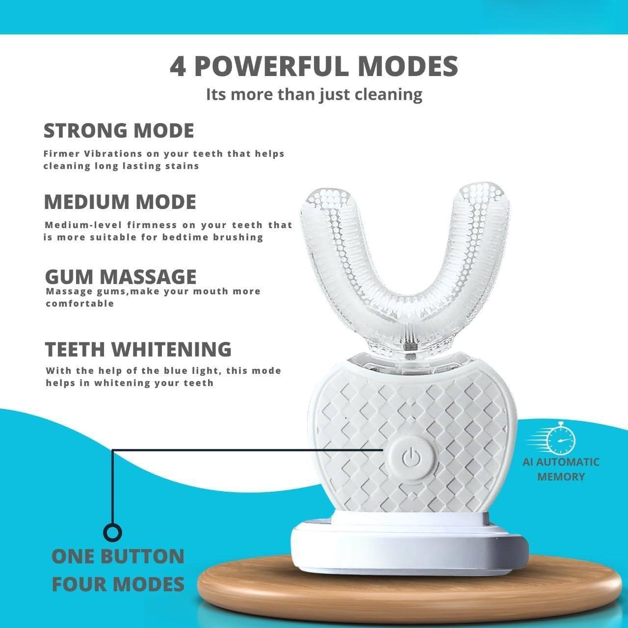 4 POWERFUL MODES  
It's more than just cleaning

STRONG MODE  
Firmer vibrations on your teeth that help cleaning long-lasting stains

MEDIUM MODE  
Medium-level firmness on your teeth that is more suitable for bedtime brushing

GUM MASSAGE  
Massage gums, make your mouth more comfortable

TEETH WHITENING  
With the help of the blue light, this mode helps in whitening your teeth

ONE BUTTON FOUR MODES

AI AUTOMATIC MEMORY