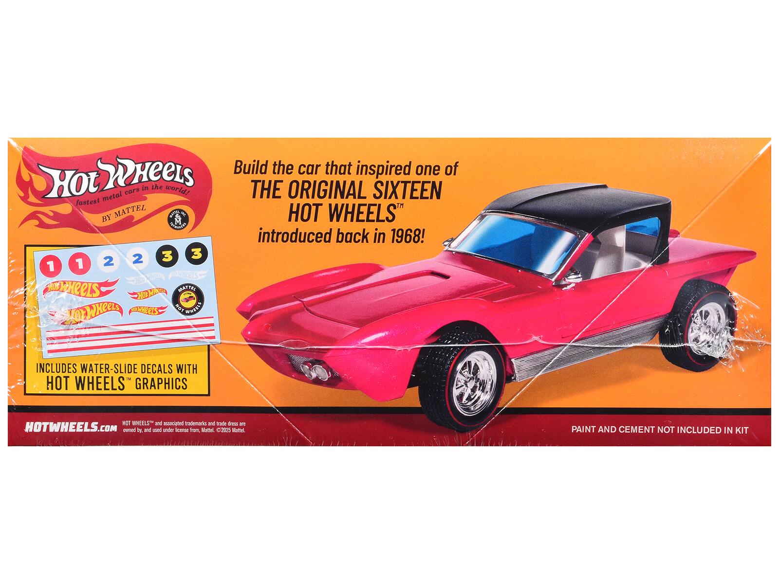 Wheels Build the car that inspired one of the fastest metal cars in the world! THE ORIGINAL SIXTEEN HOT WHEELS™ introduced back in 1968! INCLUDES WATER-SLIDE DECALS WITH HOT WHEELS™ GRAPHICS HOTWHEELS.COM and associated trademarks and trade dress are owned by, and used under license from, Mattel. 2023 Mattel. PAINT AND CEMENT NOT INCLUDED IN KIT