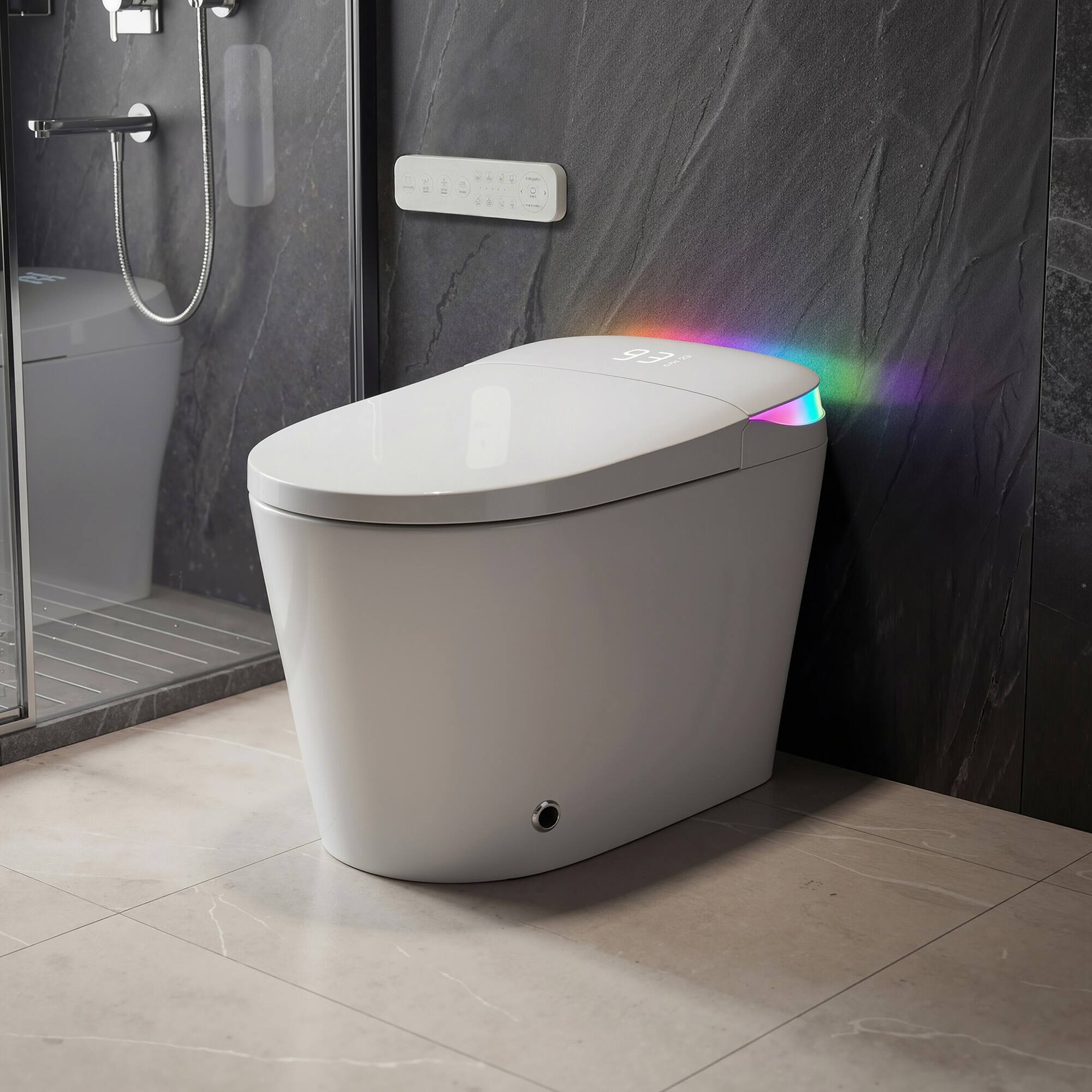 Left. Famapy - Smart Toilet with Foam Shield & Aroma Diffuser-One-Piece Bidet Toilet with Auto Lid Heated Seat Warm Water Wash - White.