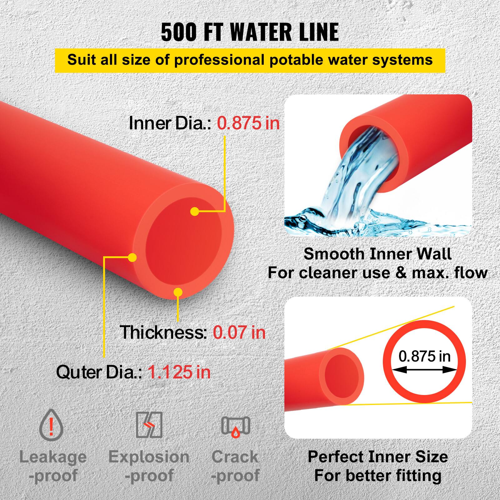 500 FT WATER LINE  
Suit all size of professional potable water systems  

Inner Dia.: 0.875 in  
Thickness: 0.07 in  
Outer Dia.: 1.125 in  

Smooth Inner Wall  
For cleaner use & max. flow  

Leakage-proof  
Explosion-proof  
Crack-proof  

Perfect Inner Size  
For better fitting