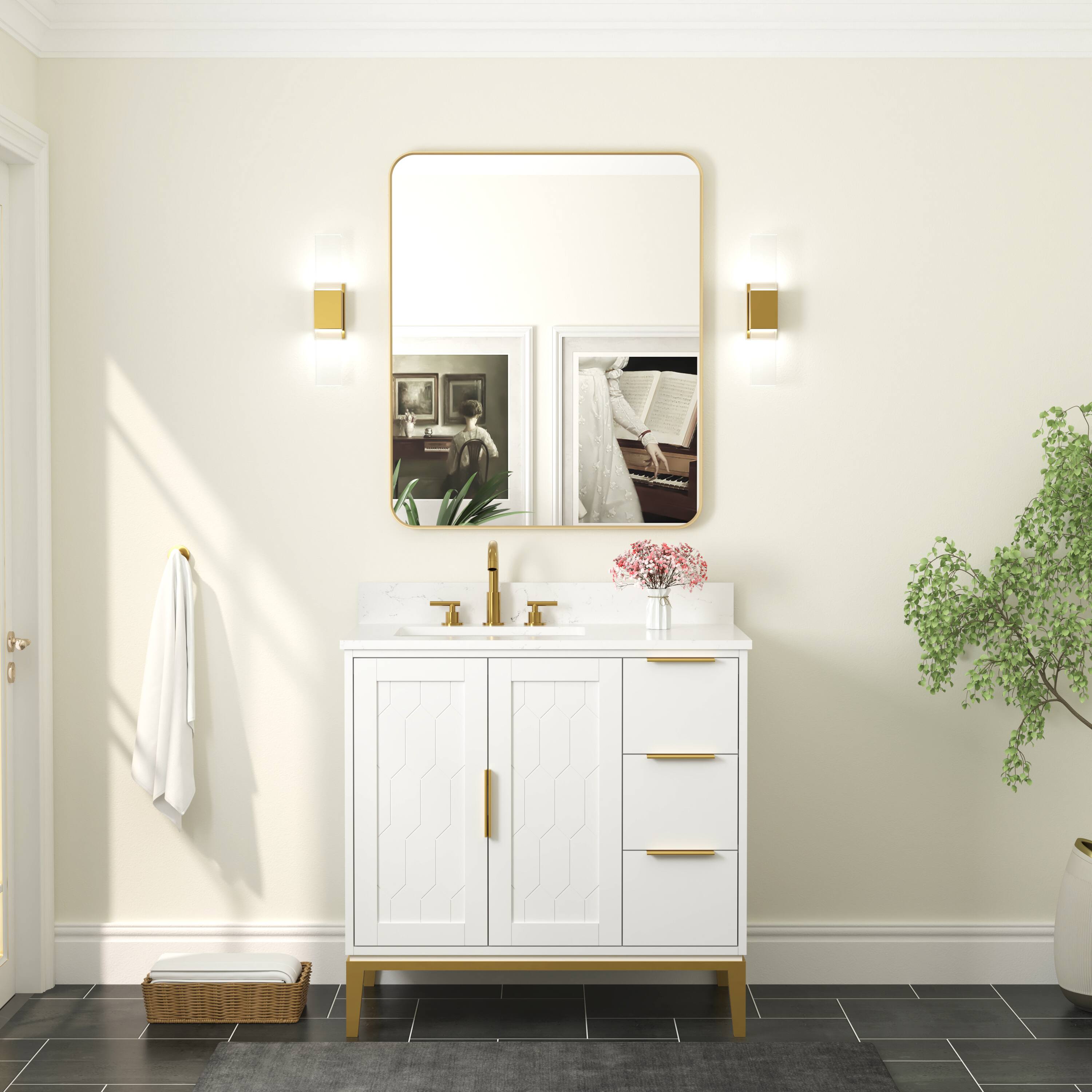 Left. WELLFOR - 30 in. W. x 36 in. H Rectangular Aluminum Framed Wall-Mounted Bathroom Vanity Mirror - Brushed Gold.