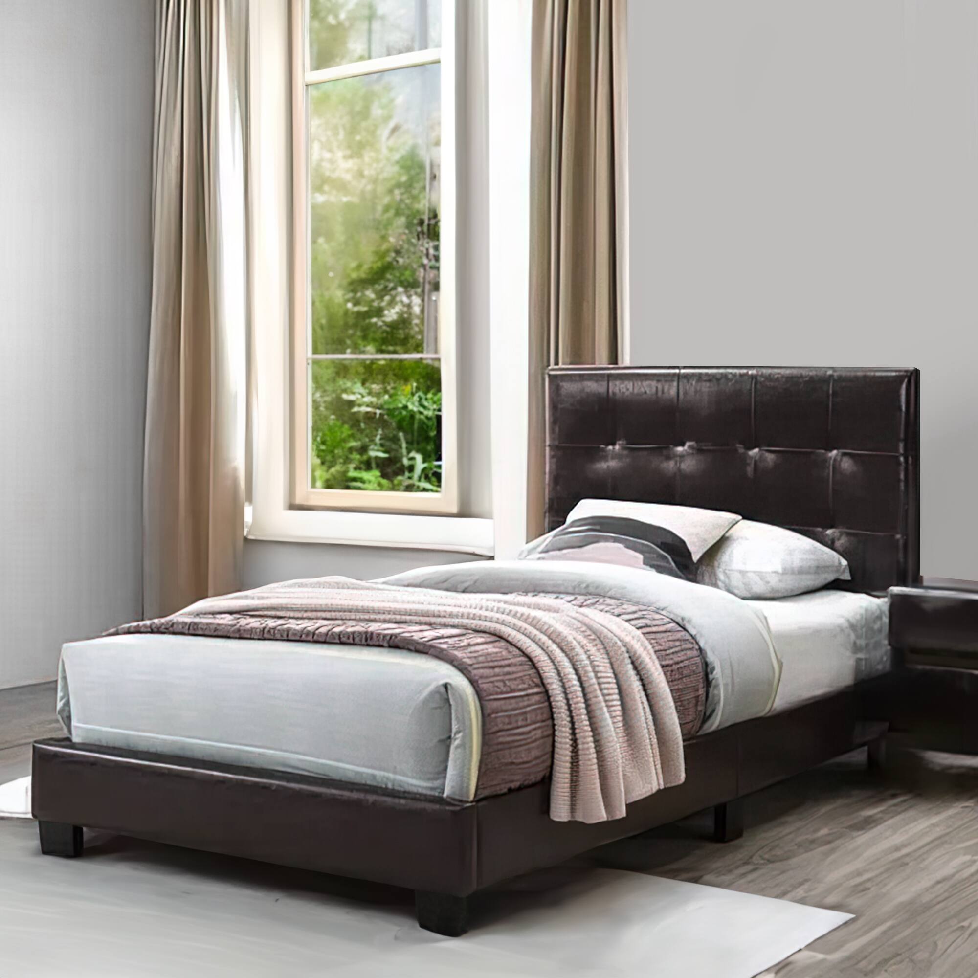 Alt View 5. Manhattan Lane - Queen Leatherette Bed with Checkered Tufted Headboard - Brown.