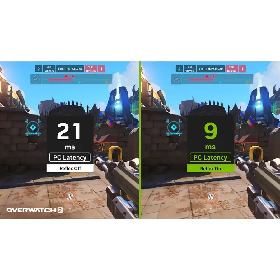 The text on the image is grouped and corrected as follows:

1. 20 ms PC Latency Reflex Off
2. 9 ms PC Latency Reflex On

The image shows two different settings for PC Latency, with one setting having a higher latency and the other having a lower latency. The image also shows the corresponding reflex settings for each PC Latency setting.