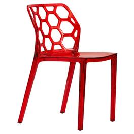 LeisureMod - Dynamic Clear Acrylic Dining Chair with Honeycomb Design, Stackable & Floor-Safe Feet - Transparent Red
