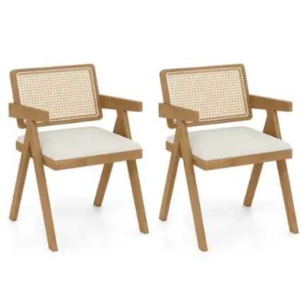 Costway - Set of 2 Rattan Accent Chairs Leathaire Dining Chairs Modern Living Room Chairs - White + Natural