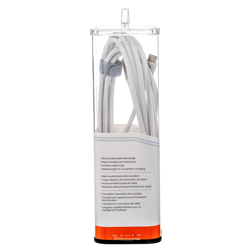 Ultra durable patented design  
Rapid charging and data sync  
Includes cable wrap  
Added length for convenient charging  

Diseño patentado ultra duradero  
Carga rápida y sincronización de datos  
Incluye envoltura para el cable  
Extensión adicional para facilidad de carga  

Conception brevete ultra durable  
Chargement rapide et synchronisation des données  
Comprend un enrouleur de câble  
Longueur supplémentaire pour un chargement pratique  

Open  
Ouvrir  
Abrir