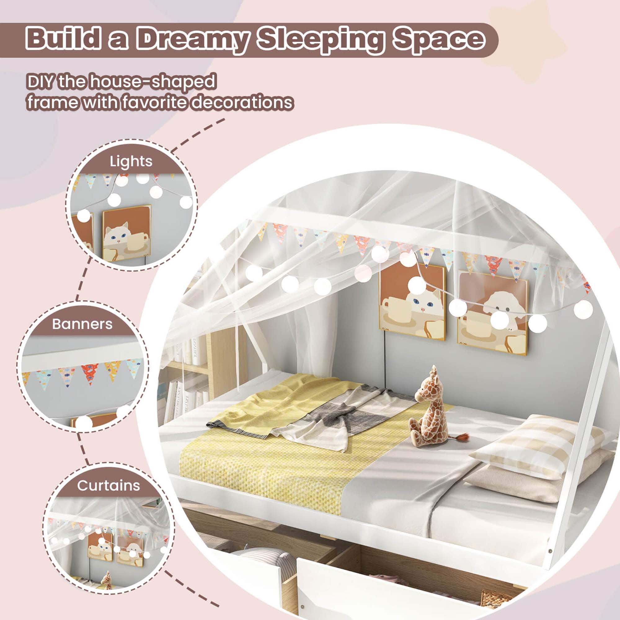 Build a Dreamy Sleeping Space DIY the house-shaped frame with favorite decorations Lights Banners Curtains