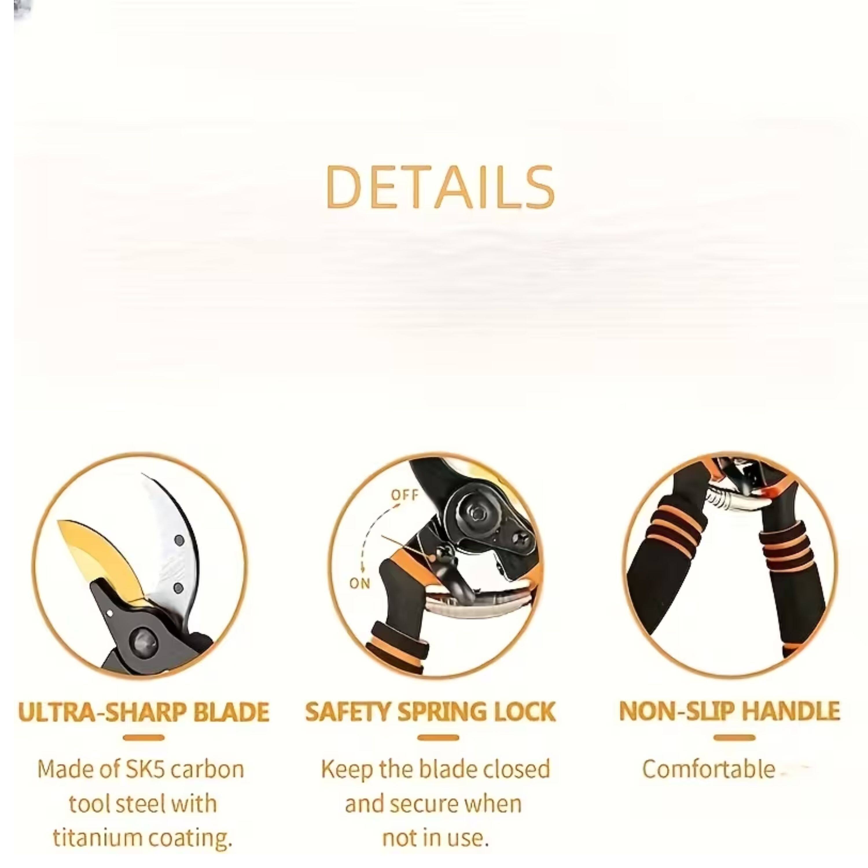 DETAILS

- ULTRA-SHARP BLADE
  Made of SK5 carbon tool steel with titanium coating.

- SAFETY SPRING LOCK
  Keep the blade closed and secure when not in use.

- NON-SLIP HANDLE
  Comfortable