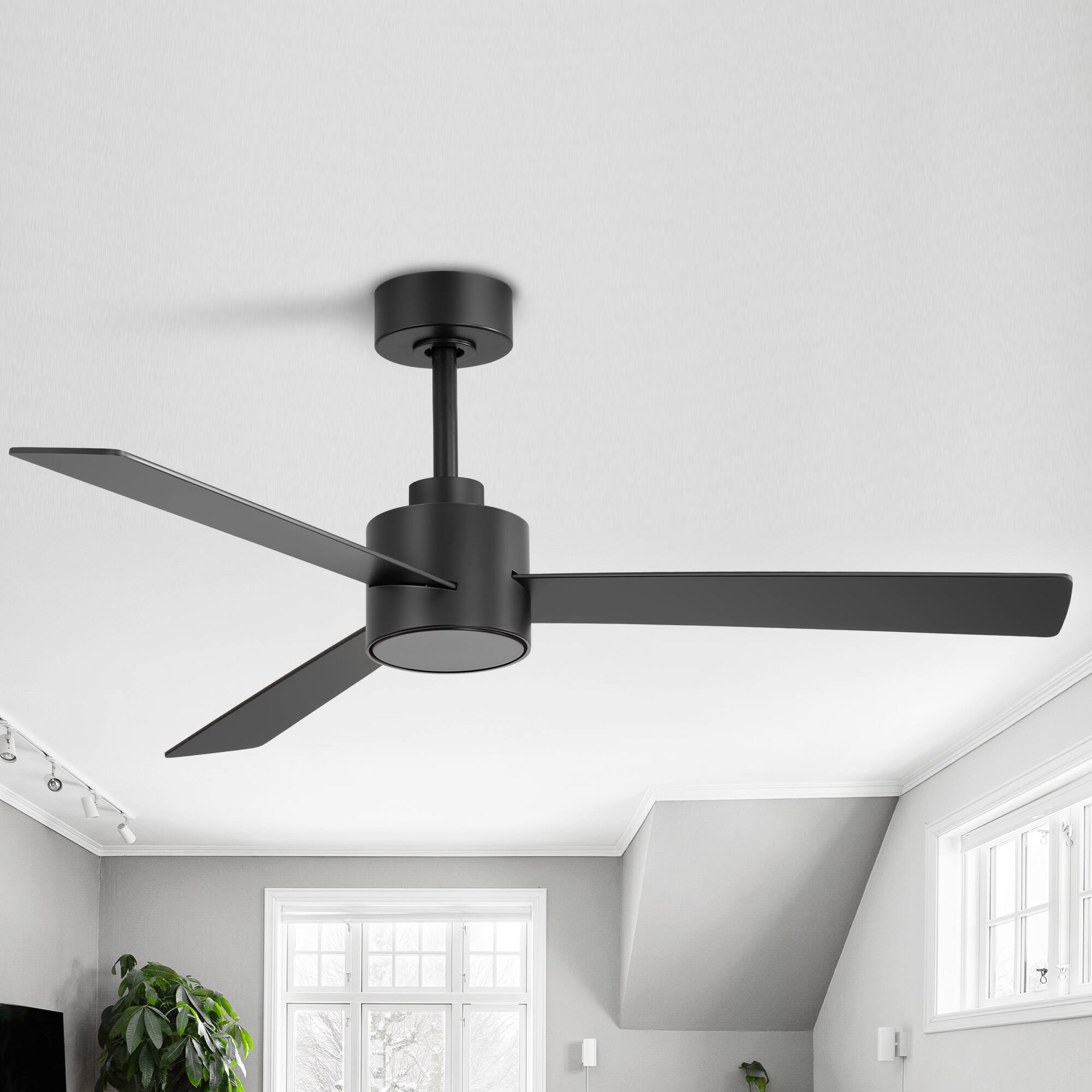 Back. Breezary - 52" Indoor Ceiling Fan, 3 Plywood Blades, 6-Speed DC Motor, Remote & Timer, 5" & 10" Downrods, LED Light/No Light Option - Matte Black (Without Light).