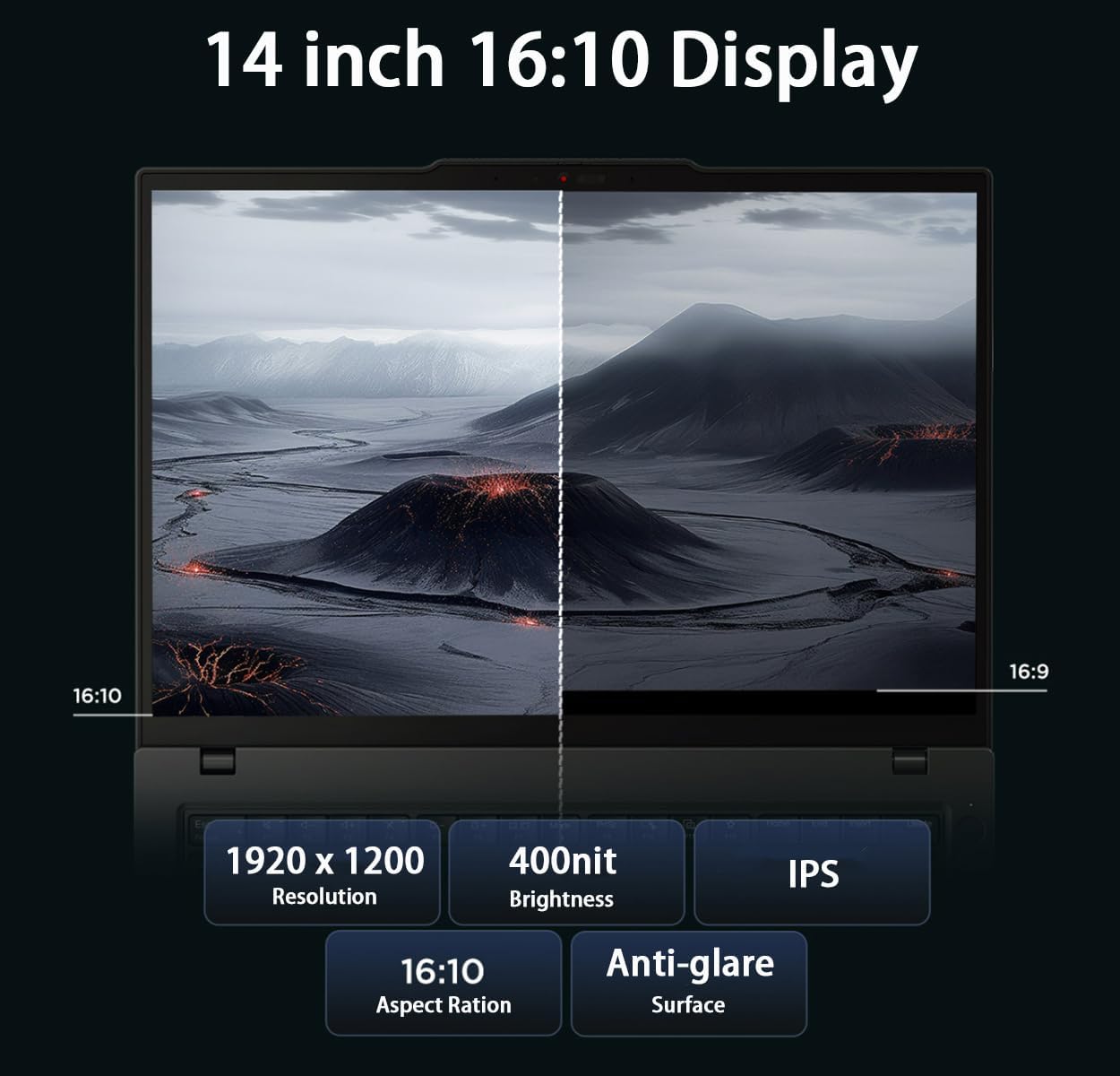 14 inch 16:10 Display

- 1920 x 1200 Resolution
- 400nit Brightness
- IPS
- 16:10 Aspect Ratio
- Anti-glare Surface