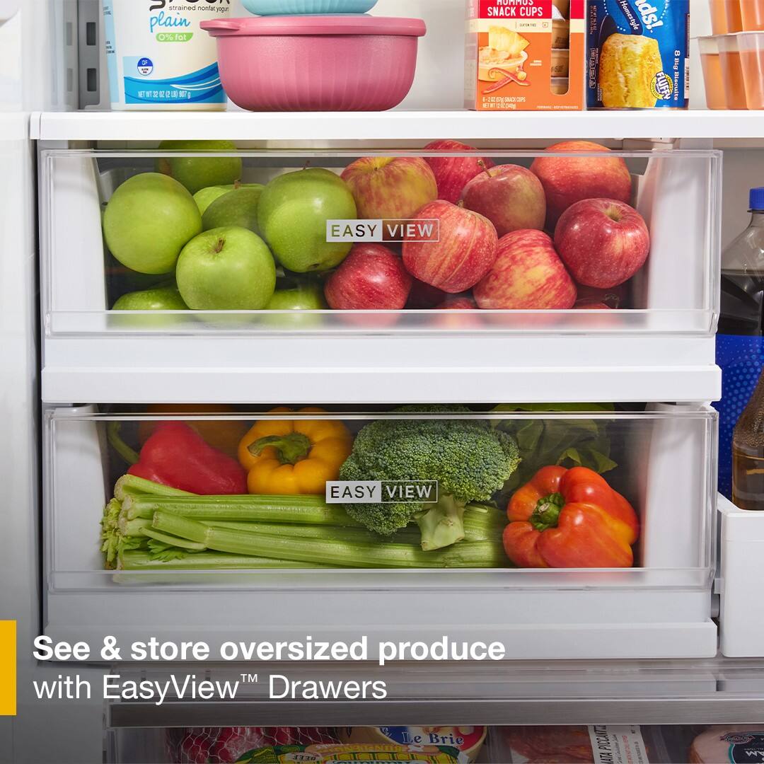 F saredo strained nonfat yogurt plain 0% fat 7 R F 1 g2 2 L 1 RUNHUS SNACK CUPS - . an a iny I A Homestyle ds! D Peg FLUFFY Blecudte EASY VIEW EASY VIEW See & store oversized produce TM with EasyView" Drawers Le Brie N 130 L  NTO AIA AM

See & store oversized produce with EasyView™ Drawers