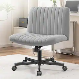 KERDOM - Armless Office Chair with Wheels, Ergonomic Wide Seat Fabric Cross Legged Desk Chair, Home Office Swivel Computer Chair - Light Gray