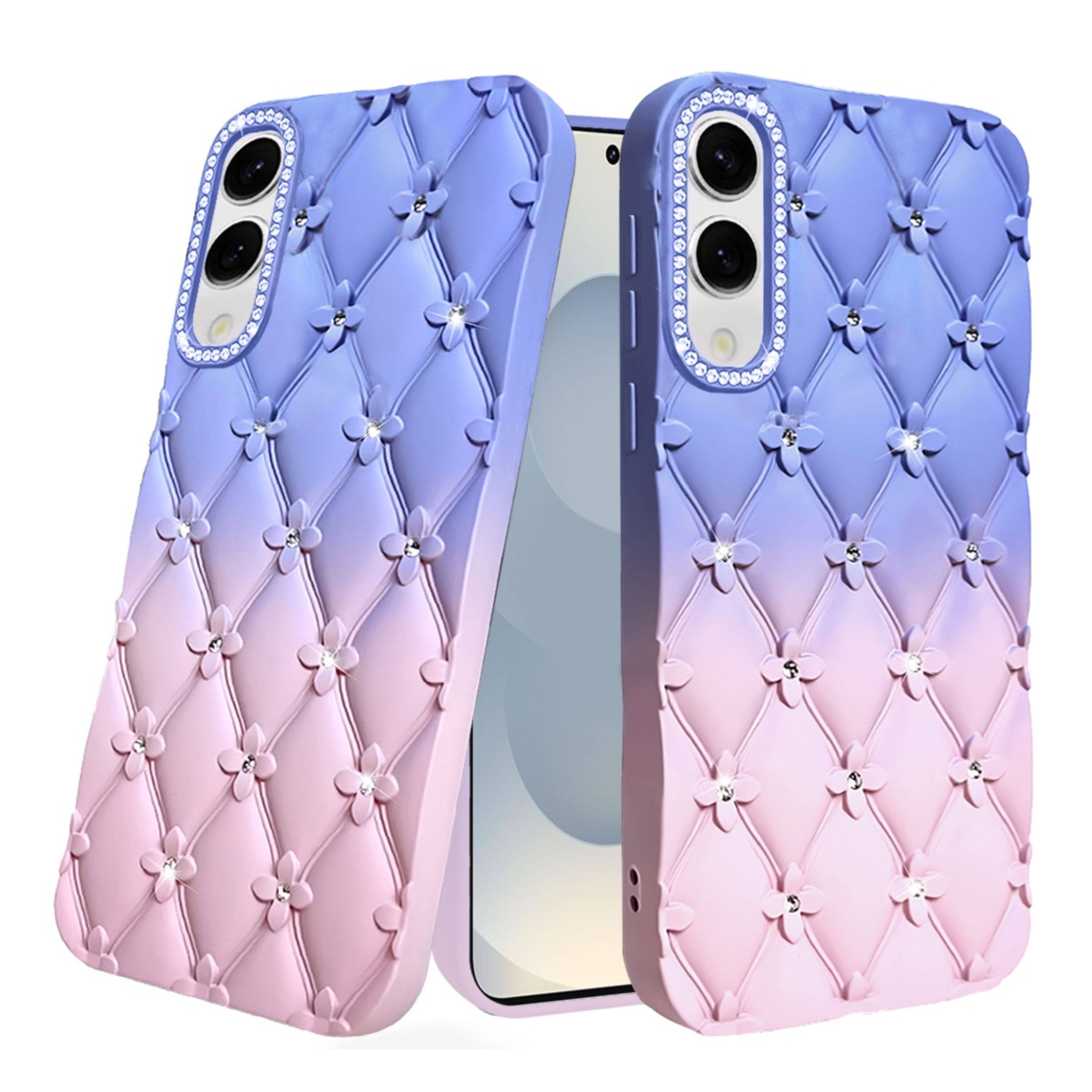 Angle. Kitcheniva - Diamond Pattern Padded Design Phone Case With Tempered Glass For Samsung S25 Edge Light Blue/Light Pink - Light Blue/Light Pink.