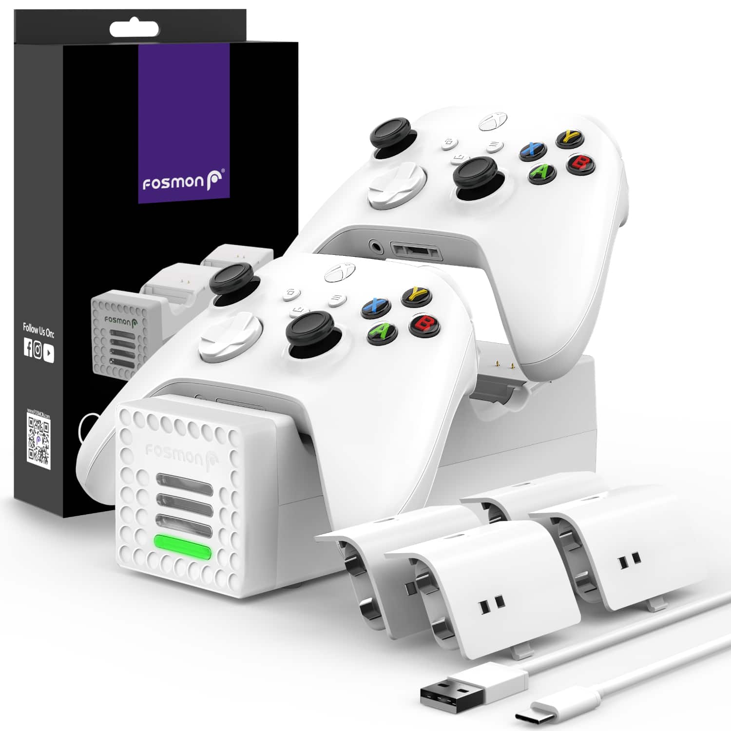 Fosmon - For Xbox Controller Charging Station, Dual High Speed Xbox Charger Station, Battery For Xbox One X / Xbox One S - White
