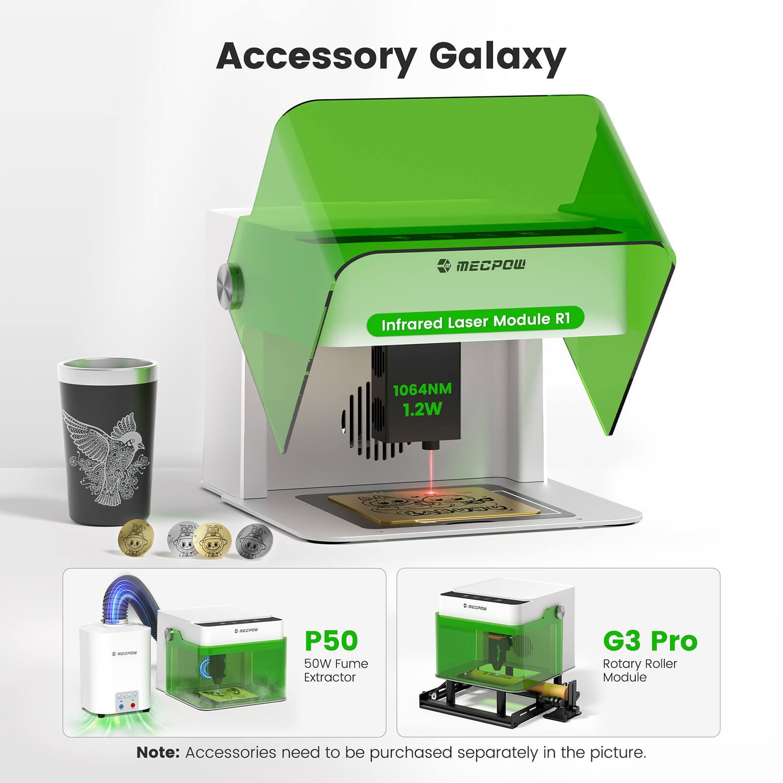 Accessory Galaxy

- Infrared Laser Module R1
  - 1064NM
  - 1.2W

- P50
  - 50W Fume Extractor

- G3 Pro
  - Rotary Roller Module

Note: Accessories need to be purchased separately in the picture.