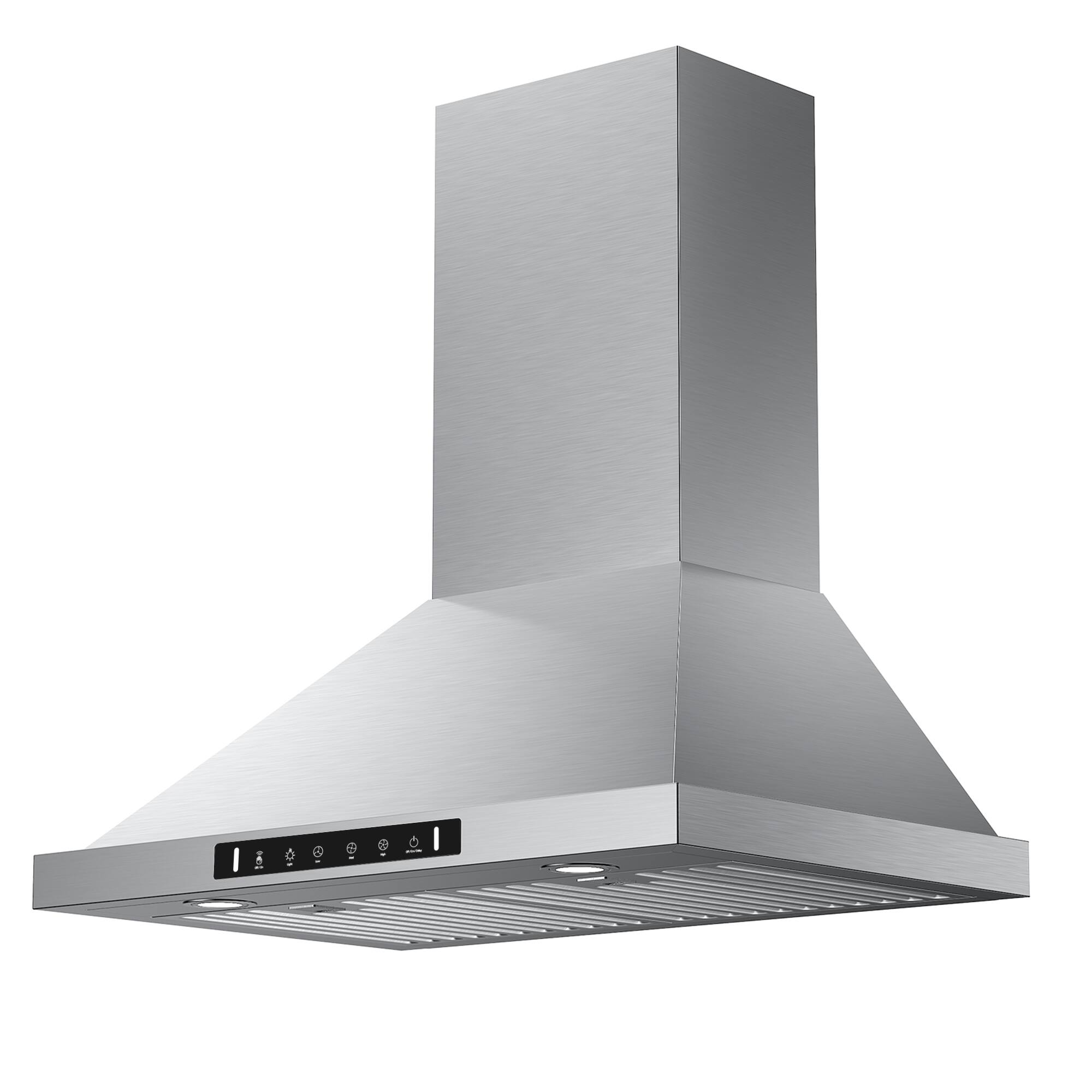 Angle. VIKIO - 30 inch Convertible 900-CFM Recirculating Stainless steel Wall-Mounted Range Hood with Charcoal Filter - Stainless steel.
