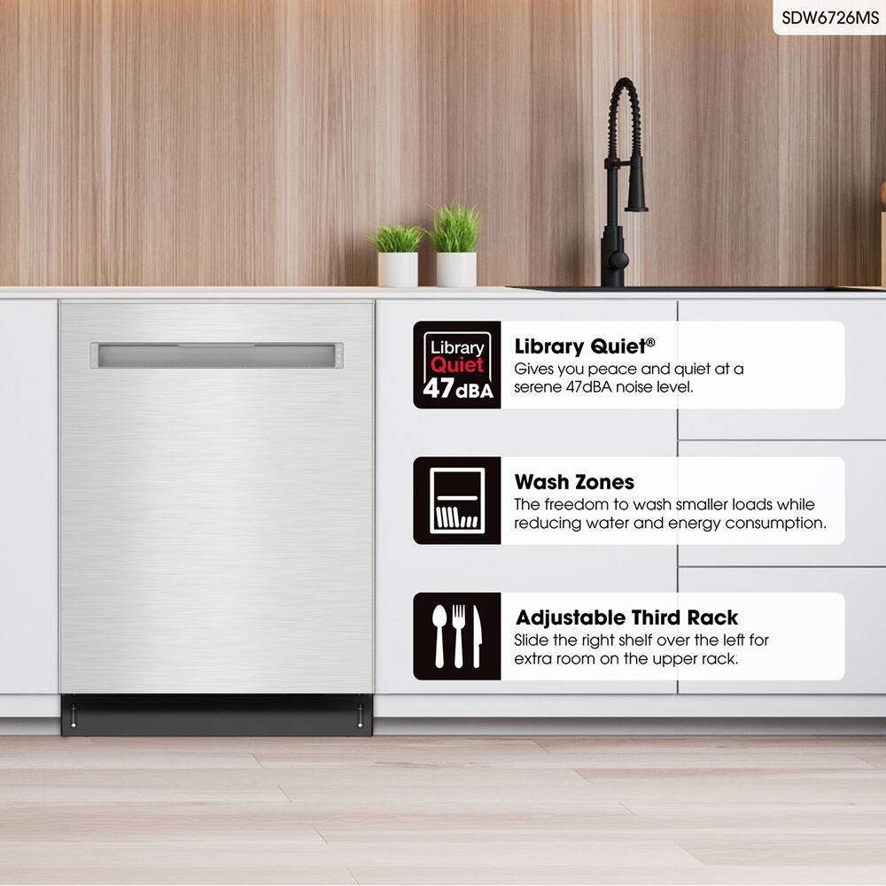 SDW6726MS

Library Quiet®
Gives you peace and quiet at a serene 47dBA noise level.

Wash Zones
The freedom to wash smaller loads while reducing water and energy consumption.

Adjustable Third Rack
Slide the right shelf over the left for extra room on the upper rack.