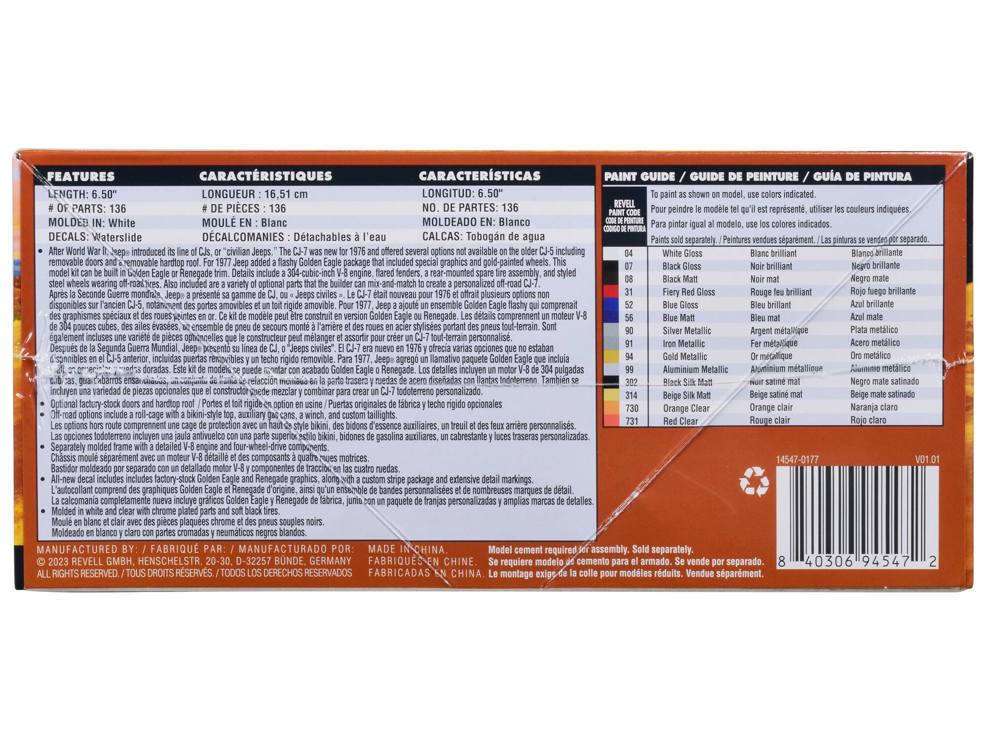 **FEATURES / CARACTERÍSTIQUES / CARACTERÍSTICAS**

- **LENGTH:** 6.50" / **LONGUEUR:** 16.51 cm / **LONGITUD:** 6.50"
- **# OF PARTS:** 136 / **# DE PIECES:** 136 / **NO. DE PARTES:** 136
- **MOLDED IN:** White / **MOULÉ EN:** Blanc / **MOLDEADO EN:** Blanco
- **DECALS:** Waterslide / **DECALCOMANIES:** Détachables / **CALCAS:** Tobogán de agua

**AFTER WORLD WAR II, Jeep® introduced its line of CJ's or "civilian Jeeps." The CJ-7 was new for 1976 and offered several options not available on the older CJ-5 including a Golden Eagle package that included special graphics and gold-painted wheels. This model kit can be built in Golden Eagle or Renegade trim. Details include a 403-cid engine, flared fenders, a rear-mounted spare tire assembly, and a variety of optional personalized touches. The CJ-7 was