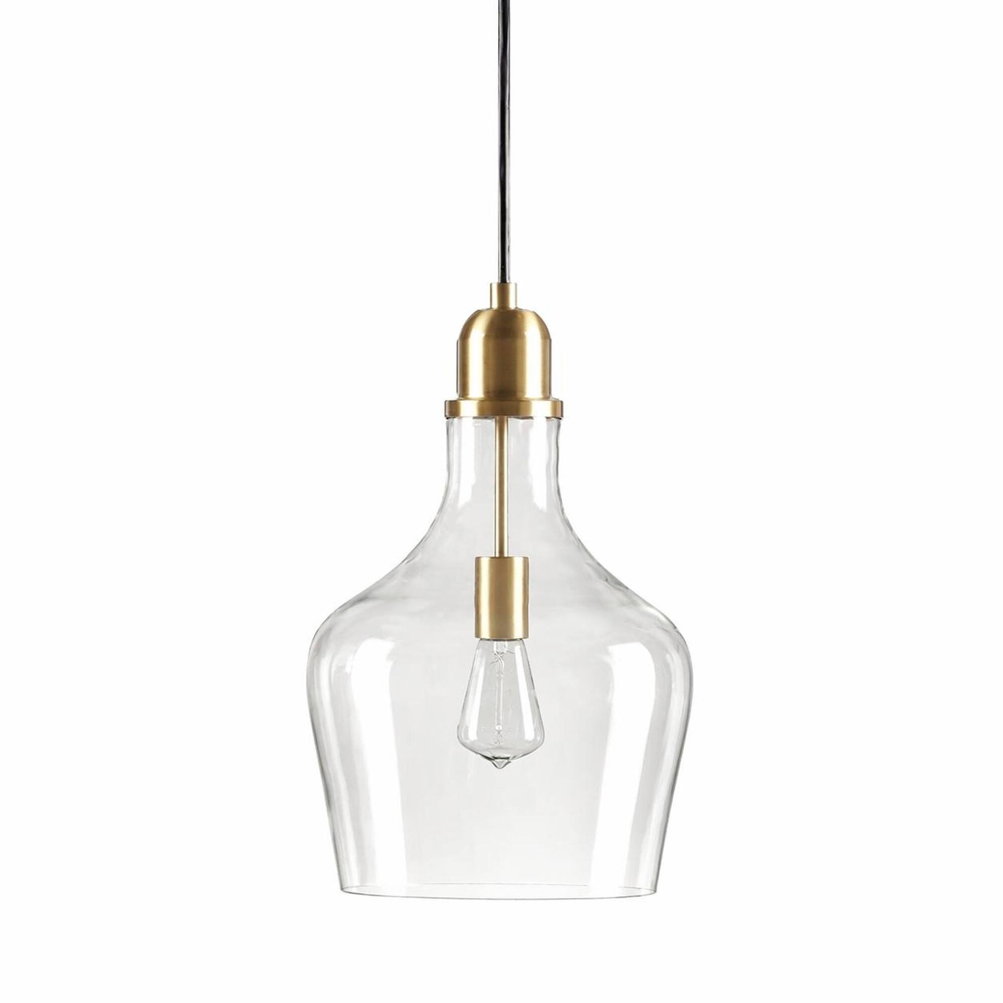 Front. RYHNUYNE - Industrial Bottle-Shaped Clear Glass Pendant Light, =Gold Hanging Ceiling Light for Kitchen Island Dining Room - gold.