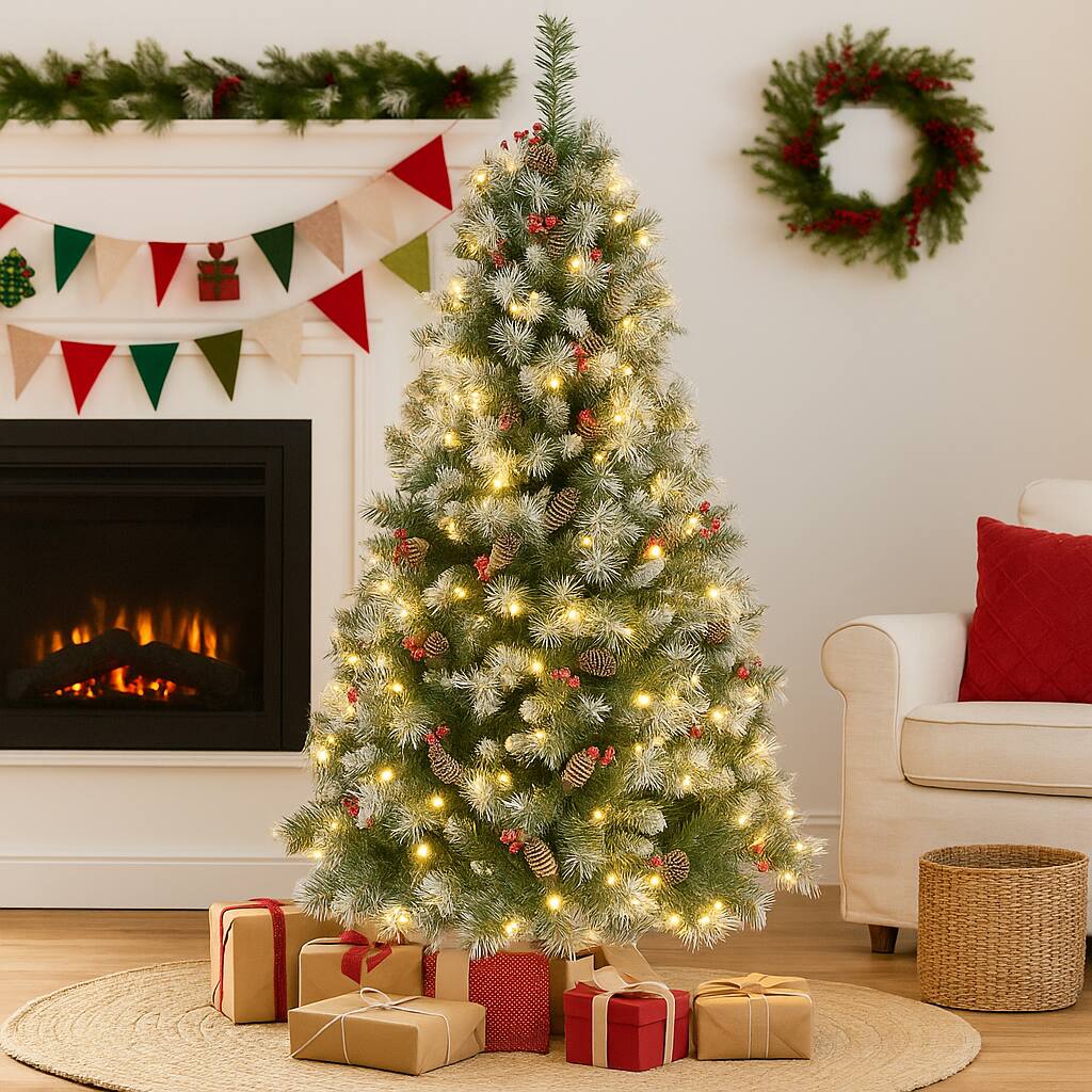 Angle. BreeBe - Hinged Christmas Tree with PVC Branch Tips and Warm White LED Lights - Green.