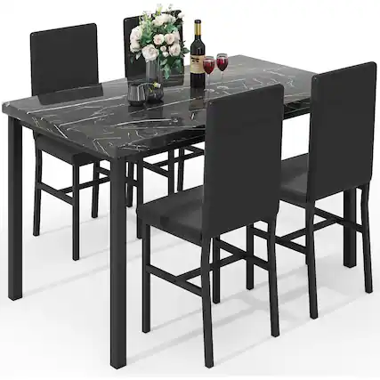 Front. Sugift - 5 Piece Modern Dining Table Set with Faux Marble Tabletop - Black.