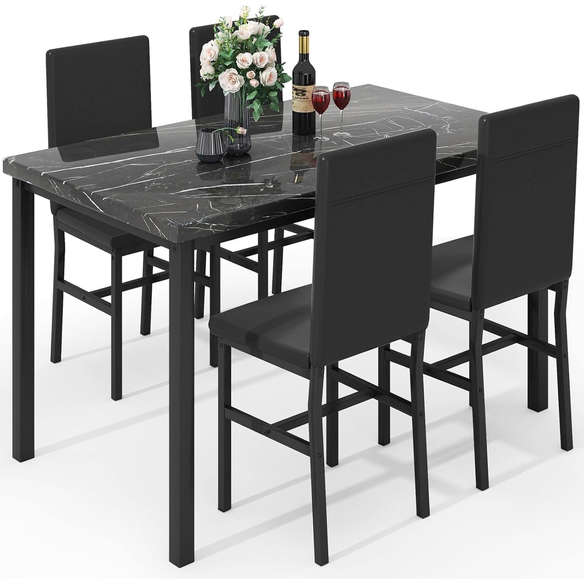 Front. Sugift - 5 Piece Modern Dining Table Set with Faux Marble Tabletop - Black.