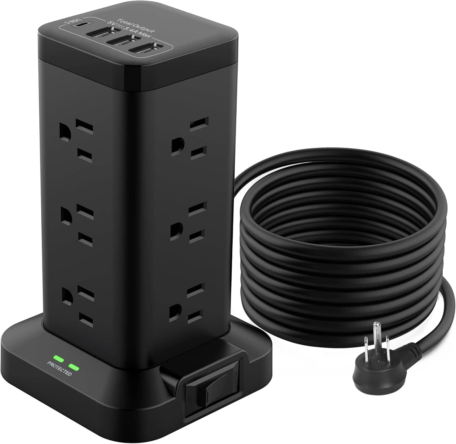 Dazzed Corner - Power Strip Tower, 12 AC & 4 USB Ports, 6.5ft Surge Protector Extension Cord - Black