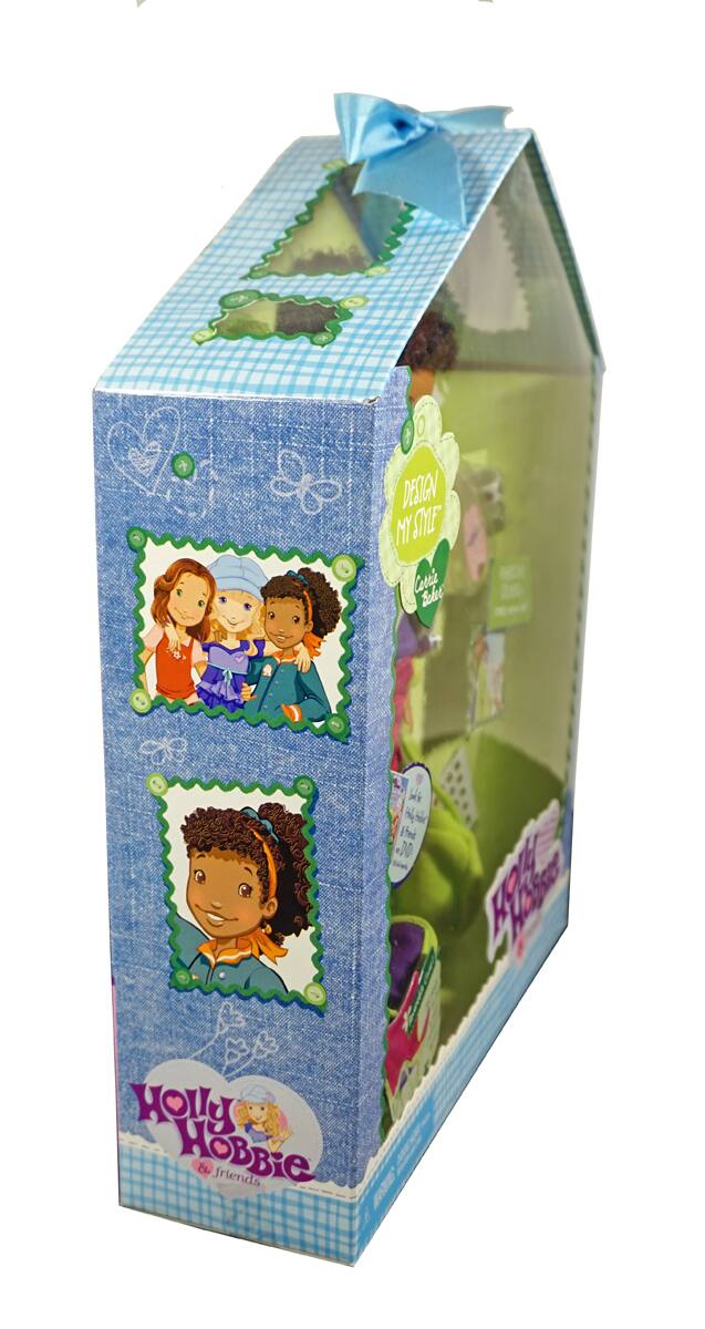 Sure, here is the corrected and grouped text from the image:

**Front of the Box:**
- Holly Hobbie & Friends

**Top of the Box:**
- Design My Time

**Side of the Box:**
- Design My Time

**Bottom of the Box:**
- Holly Hobbie & Friends