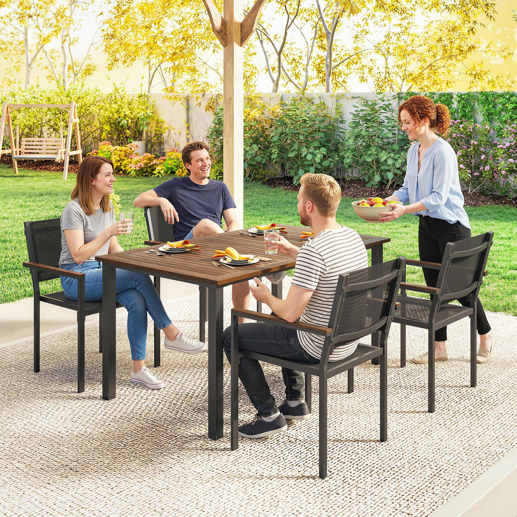 Alt View 8. Outsunny - 5 Piece Outdoor Dining Set, Outdoor Table and Chairs for 4, Rectangular Acacia Wood Tabletop and Mesh Stackable Chairs - Teak.